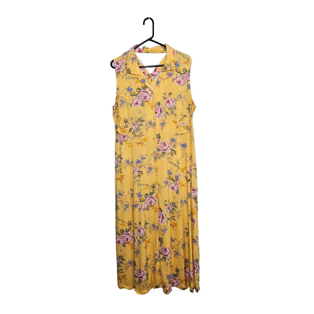 Vtg ERIKA Sleeveless Midi Dress XL Crossback Buttons Yellow Collared Cottagecore
